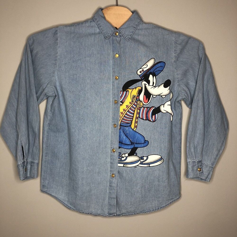 VTG Mickey Unlimited Jerry Leigh Medium Goofy Print Button Up Denim Shirt